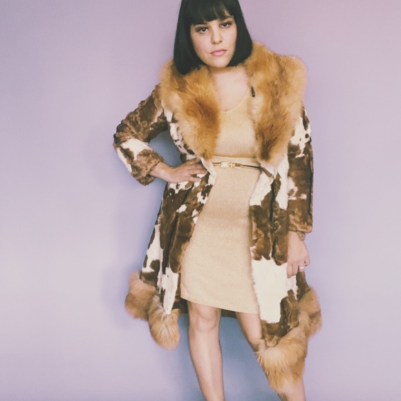 Vintage 70s RARE Cowhide Fur Trim Cuffs Coat S M L - Picture 2 of 8